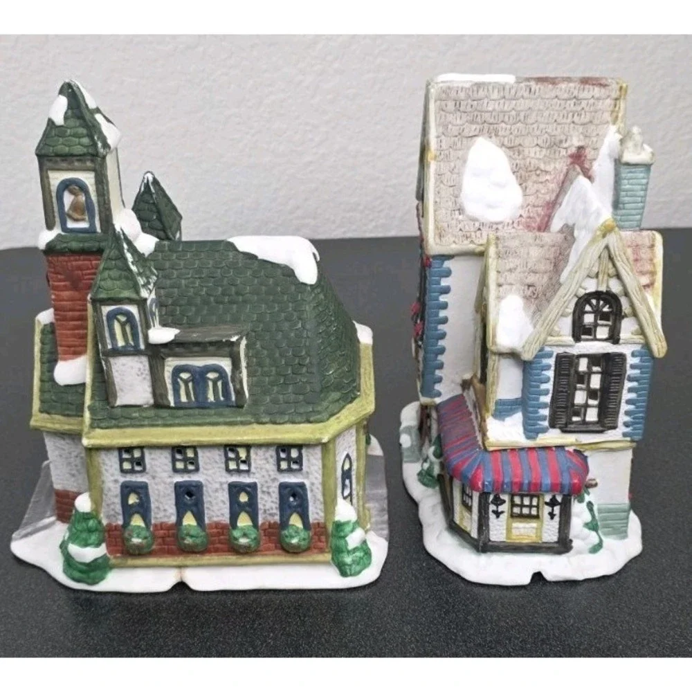 2pc CHRISTMAS VILLAGE PORCELAIN SNOW CHURCH Bakery HOUSE Decor Holiday Town